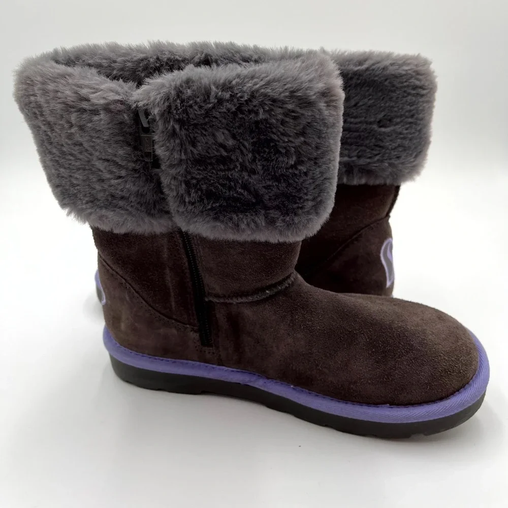 Skechers Winter Ankle Boots Girls 4 Dark Brown Suede Faux Fur Round Toe Side Zip